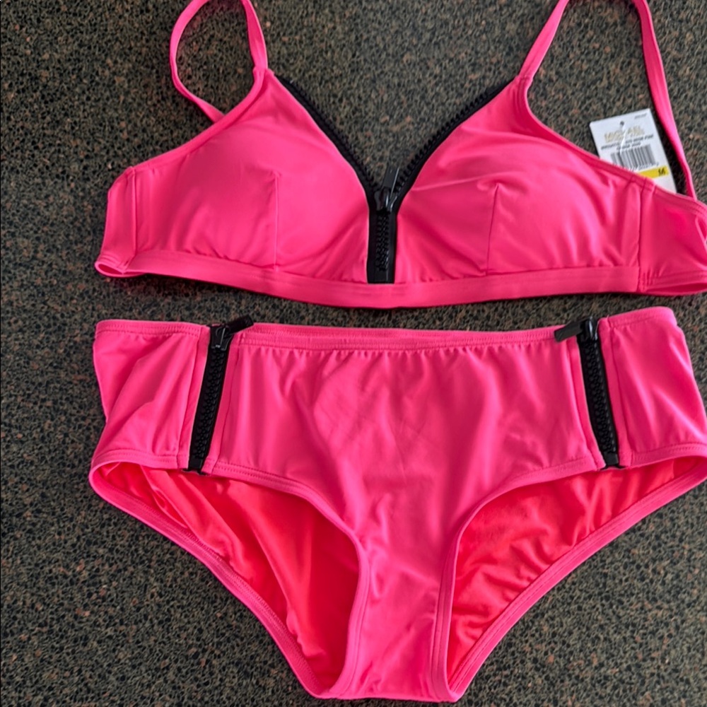 Michael Kors Pink Bikini Set Swimsuit with Sporty Accents Zippers